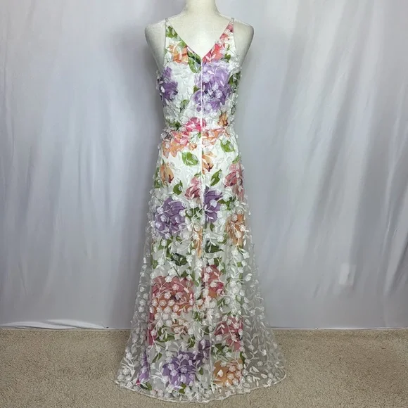 Xscape 3D-Appliqué Floral-Print Gown Size 4 White‎ Pink Formal Evening Dress Maxi